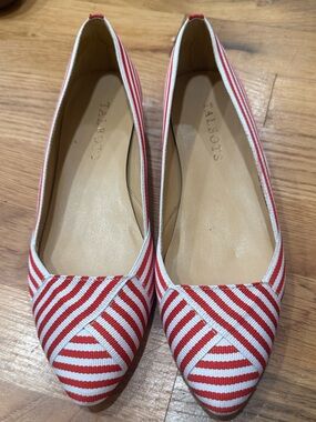 Talbots Red & White Striped Fabric Pointed Toe Flats | Leather Sole | Size 5.5M